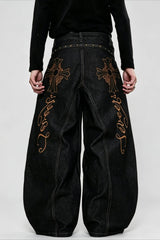 Gothic Cross Embroidered Baggy Barrel Jeans