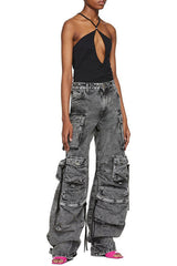 Street Style Washed Grey Multi-Pocket Cargo Pant
