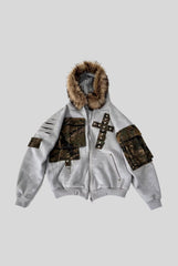 Fur Hood Patch Cropped Zip Hoodie