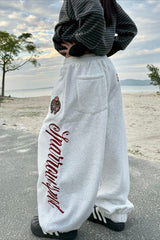Vintage Crest Typography Embroidered Wide Leg Sweatpants