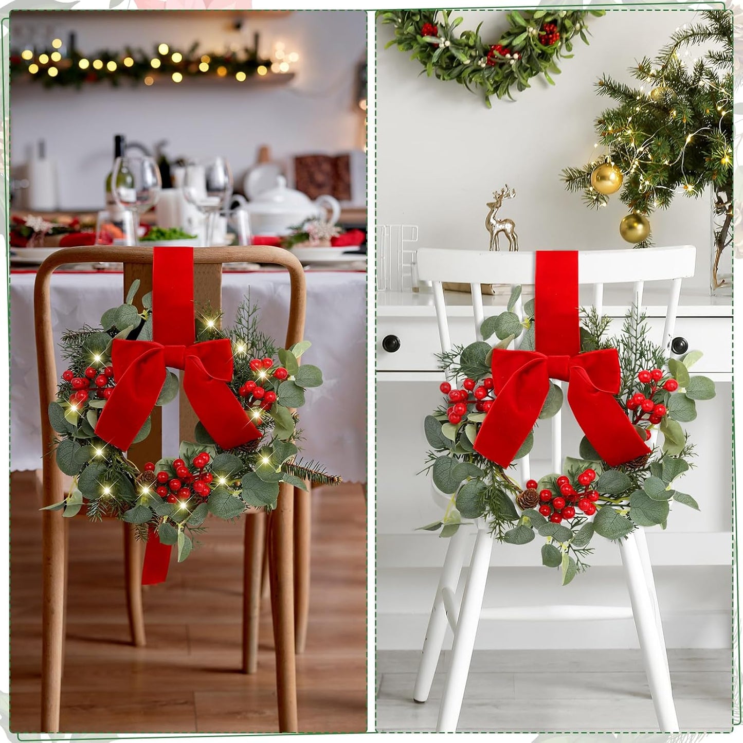 Mini Christmas Wreath with Light Red Berry Kitchen Cabinet Wreaths - Set of 2