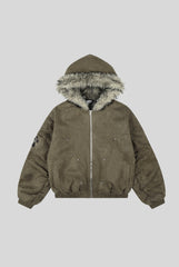 Fur Lined Cross Patch Hooded Coat