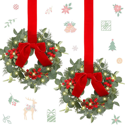 Mini Christmas Wreath with Light Red Berry Kitchen Cabinet Wreaths - Set of 2