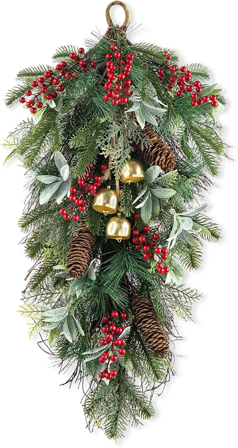 Christmas Bell Teardrop Swag with Faux Berries and Pinecone Ornament - 26" Pine Branches Door Swag Garlands for Xmas Wall Outdoor Indoor Decor