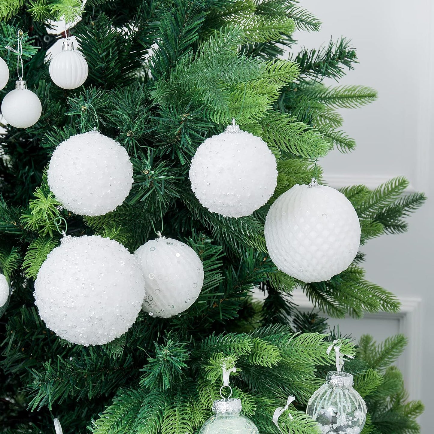 White Glitter Sequin Foam Ball Ornaments - Pack of 12