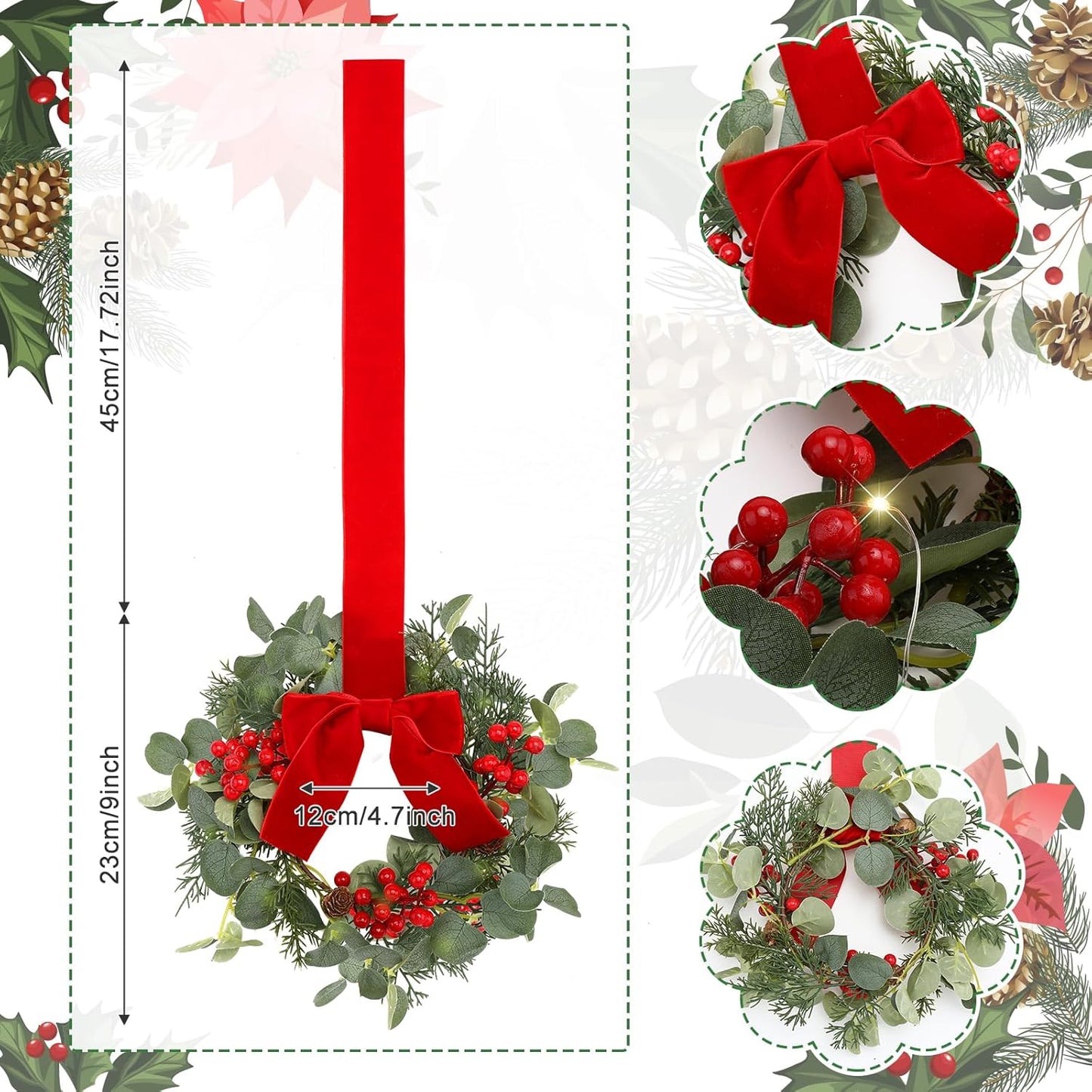 Mini Christmas Wreath with Light Red Berry Kitchen Cabinet Wreaths - Set of 2