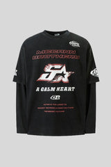 Washed Racing Graphic Layered Long Sleeve Tee