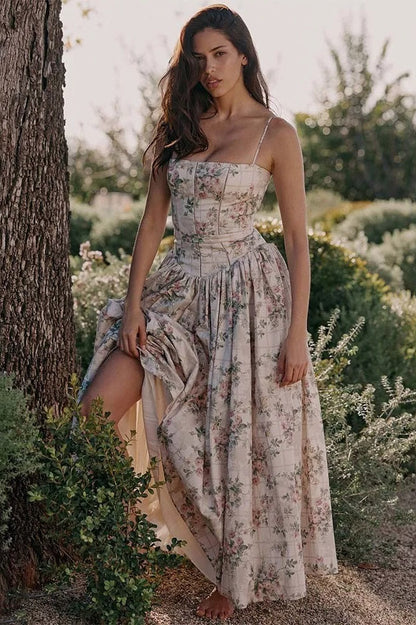 Print Pleated Spaghetti Maxi Dress