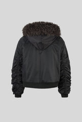Detachable Fur Hood Ruched Sleeve Coat