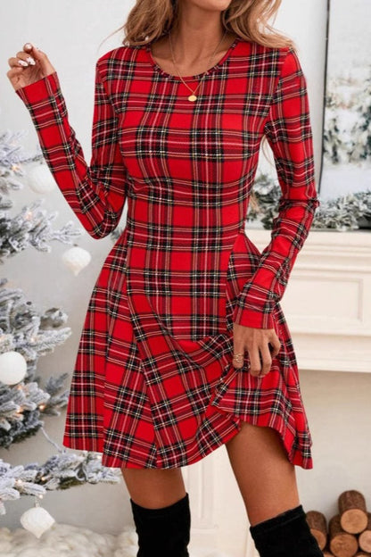 Plaid Long Sleeve Party Dress