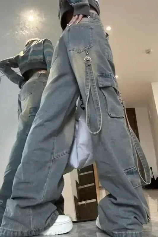 High Waist Spliced Pocket Cargo Jeans