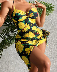 Print Strapped Push up Two Piece Set Black / S