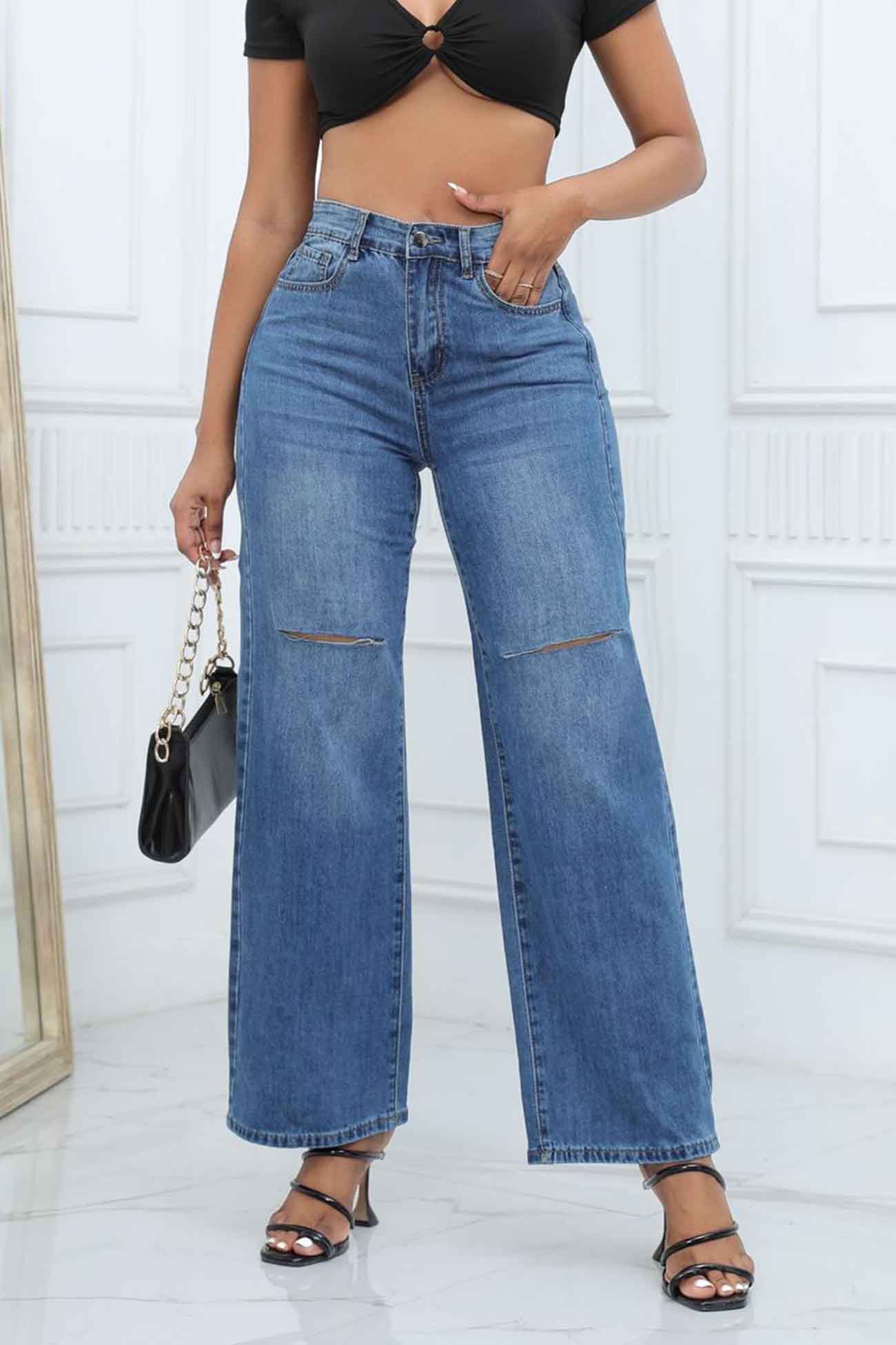 Ripped Mid Rise Flared Jeans