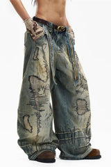 Distressed Stitch Embroidered Baggy Barrel Jeans