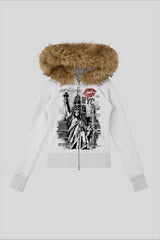 Fur Hood Statue Graphic Zip Hoodie