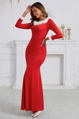 Christmas Elegant Slim Fit Long Sleeve Fuzzy Trim Party Dress