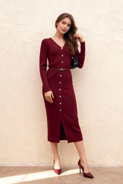 Elegant Slim V Neck Knit Cinched Waist Bodycon Sweater Dress