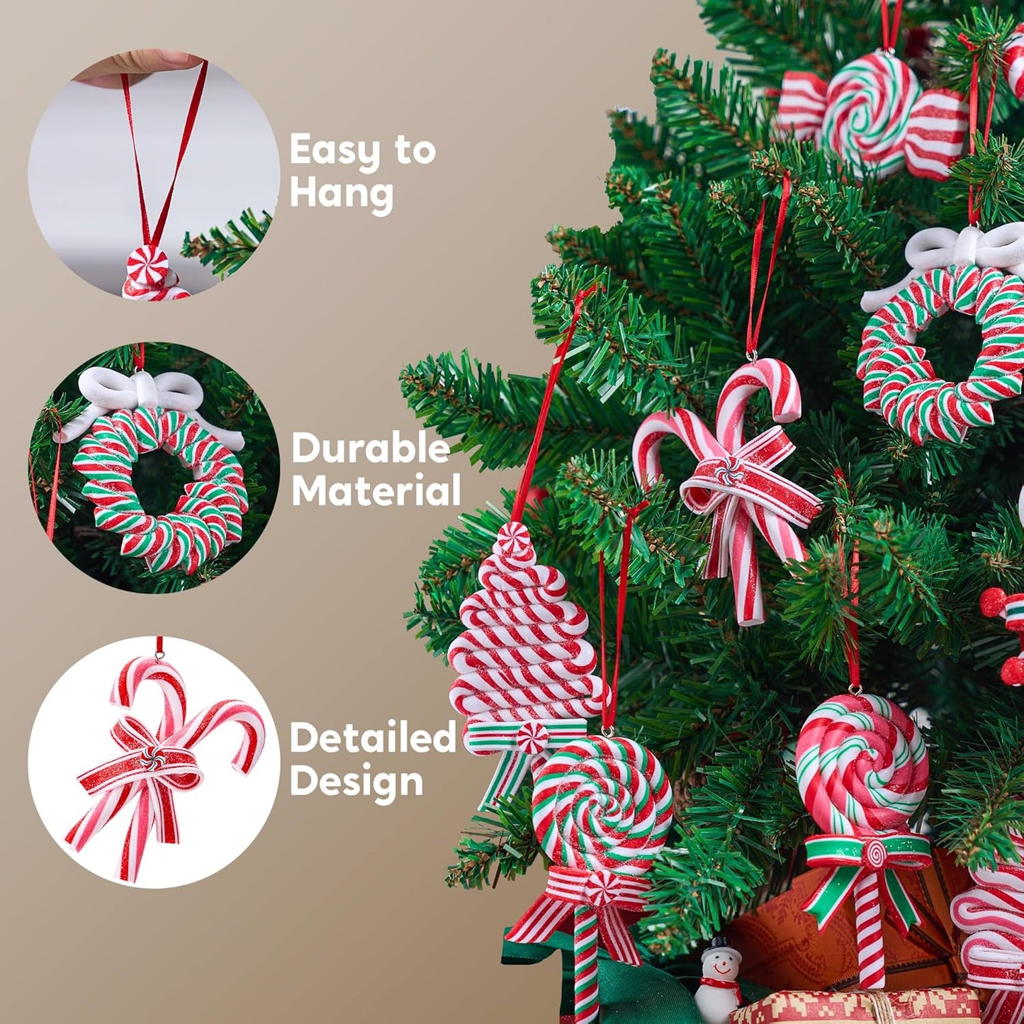 Christmas Candy Cane Ornament Set with Wreaths, Lollipop, and Trees Designs