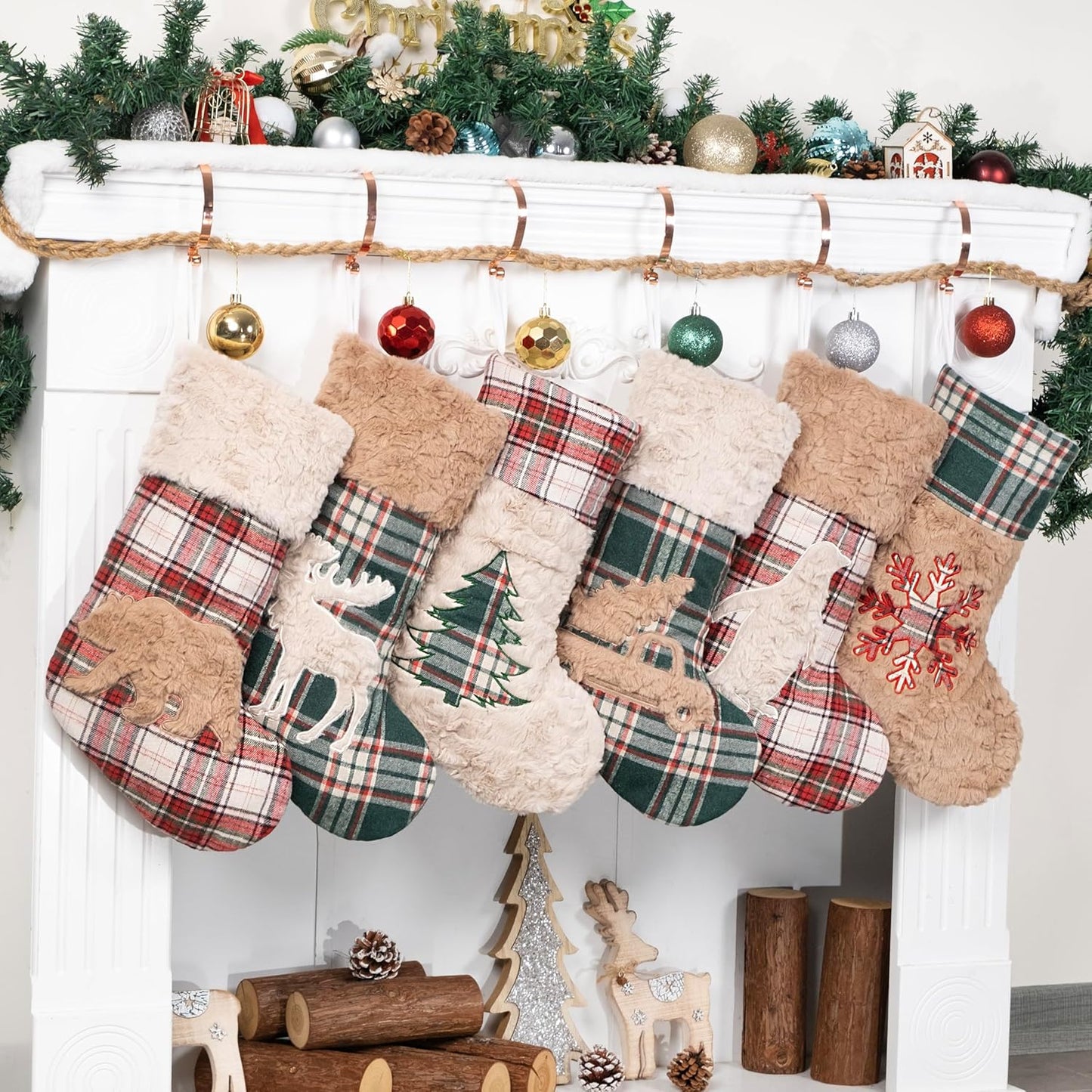 6 Pack Christmas Stocking - Red Green Plush Plaid Mix and Match Classic Rustic Farmhouse Country Cotton Fireplace Hanging Xmas Stockings for Family Holiday Season Decor