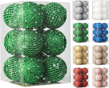 White Glitter Sequin Foam Ball Ornaments - Pack of 12