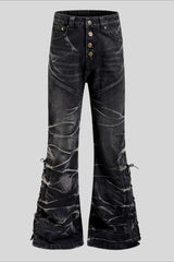 Cracked Wash Flared Streetwear Denim Jeans