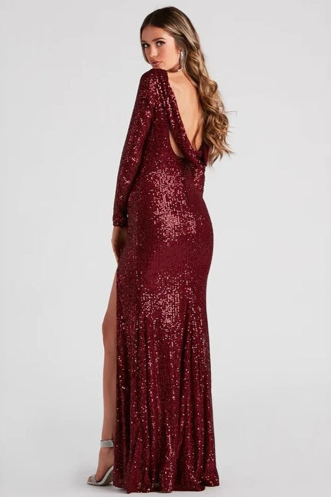 Sexy Long Sleeve High Slit Maxi Beaded Sequin Dress