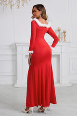 Christmas Elegant Slim Fit Long Sleeve Fuzzy Trim Party Dress