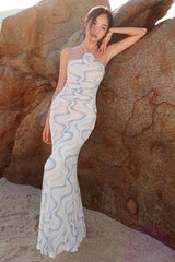 Tie-Back Rose Appliqué Mesh Bustier Maxi Dress