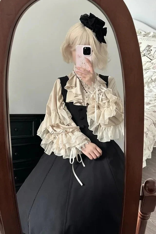 Dark Frill Batwing Sleeve Top Beige / S