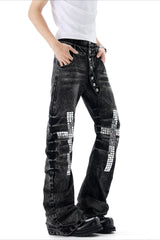 Rhinestone Cross Button Fly Flared Jeans