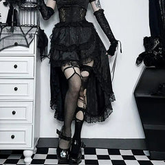 Uneven Folded Lace Black Midi Dress