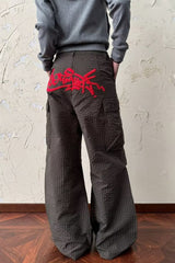 Red Embroidered Wide Leg Cargo Pants