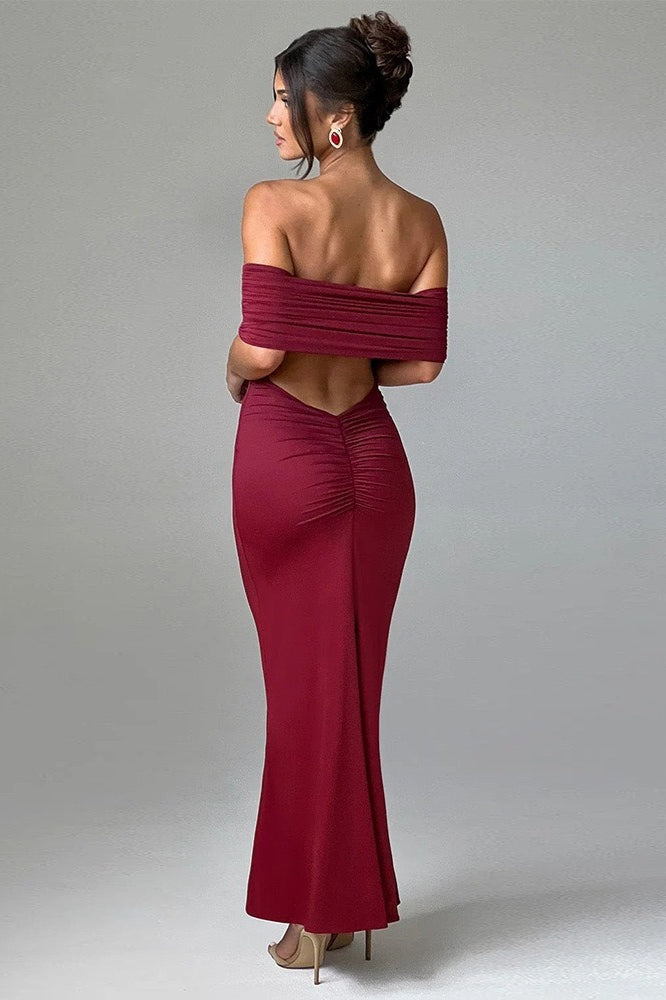 Solid Off Shoulder Ruched Formal Dress S / Red