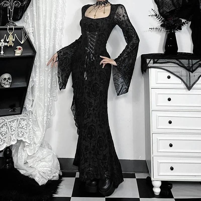 Quadrilateral Neck Corset Flare Full-Length Dress Black / S