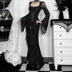 Quadrilateral Neck Corset Flare Full-Length Dress Black / S