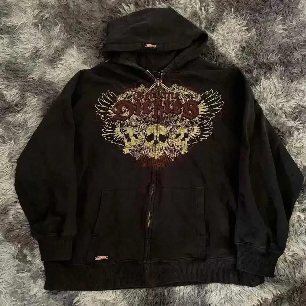 Y2K Gothic Skull Zipper Hoodie black2 / S