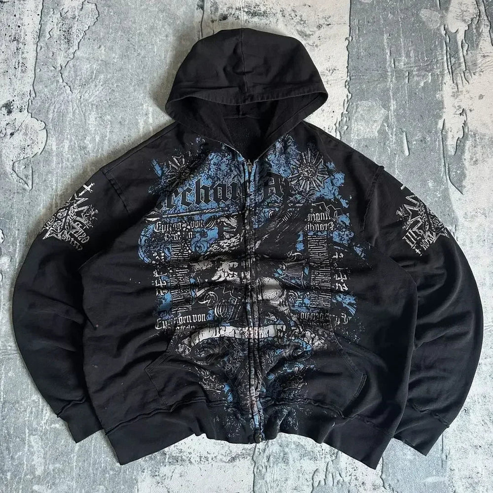 Y2K Gothic Skull Zipper Hoodie black3 / S