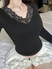 Lace V-neck Patchwork Knit Top