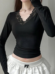 Lace V-neck Patchwork Knit Top