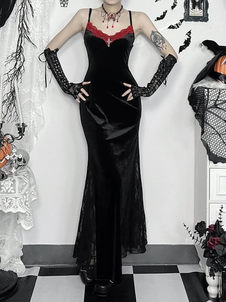Long Strap Lace Patchwork Maxi Dress Black / S
