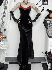 Long Strap Lace Patchwork Maxi Dress Black / S