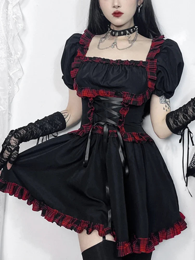 Crimson Tartan Bandage Mini Frock Black / XS
