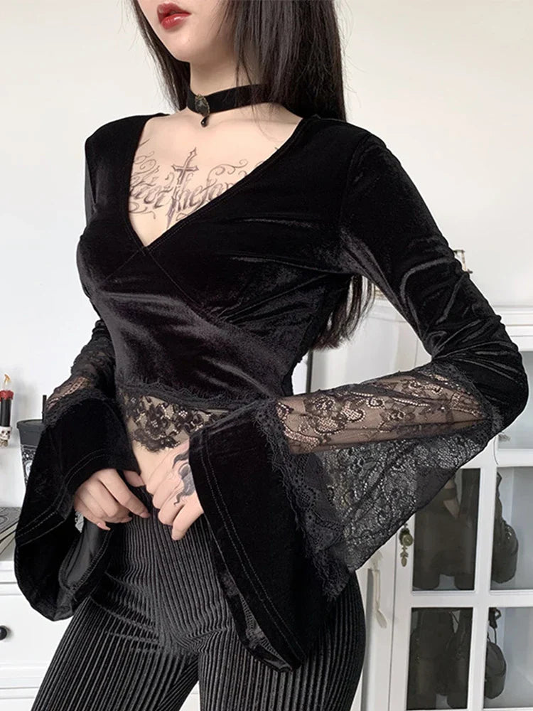 Flare Lace Sleeve Knit Top black / S
