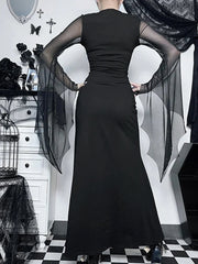 Gloomy Halloween Net Patchwork Flare Sleeve Full-Length Dress
