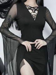 Gloomy Halloween Net Patchwork Flare Sleeve Full-Length Dress