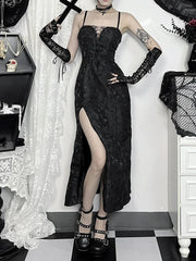 Tie-up Jacquard Thin Spaghetti Medium Dress Black / S