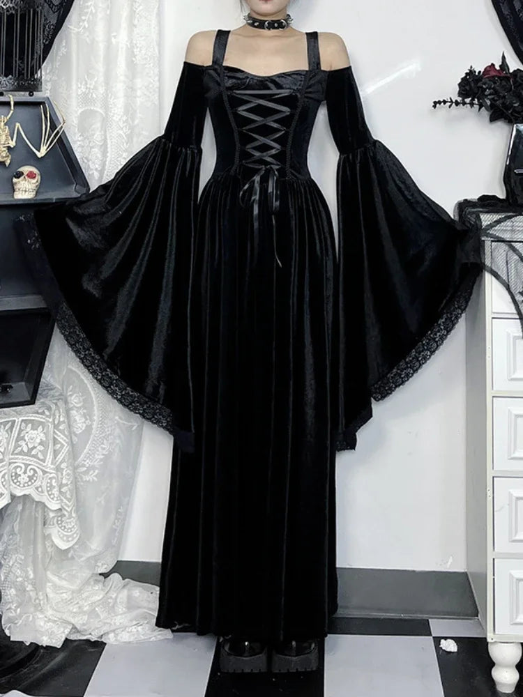 Flare Sleeve Tall Waist Bandage Maxi Dress Black / XS