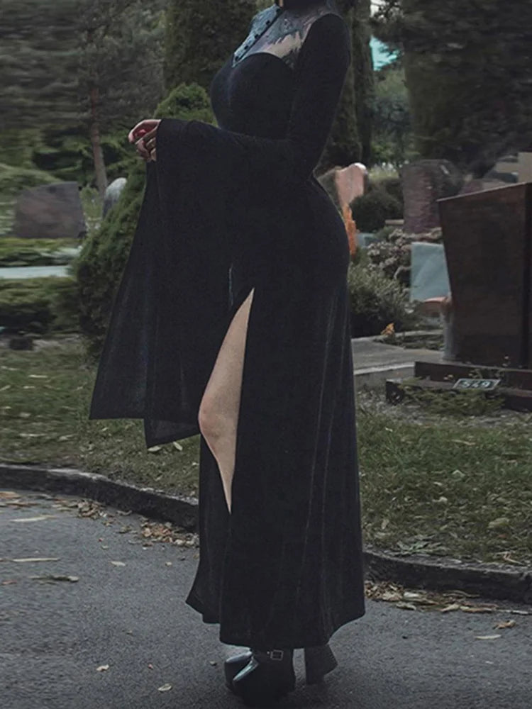 Antique Halloween Lace Patchwork Flare Sleeve Maxi Attire