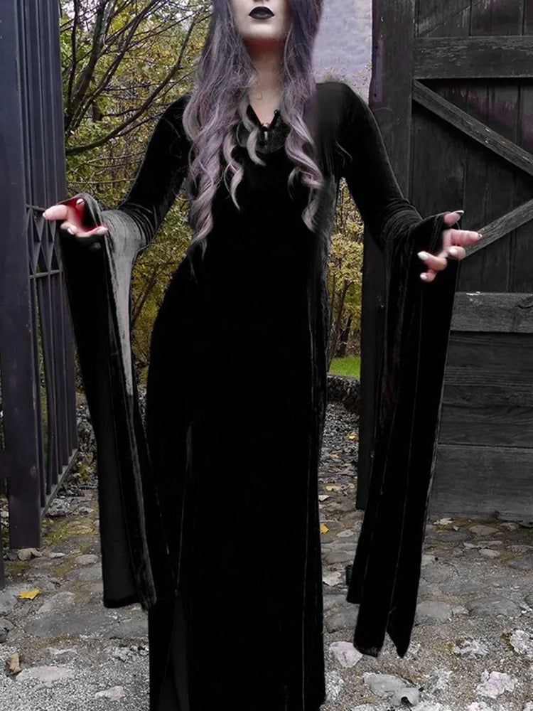 Antique Halloween Lace Patchwork Flare Sleeve Maxi Attire