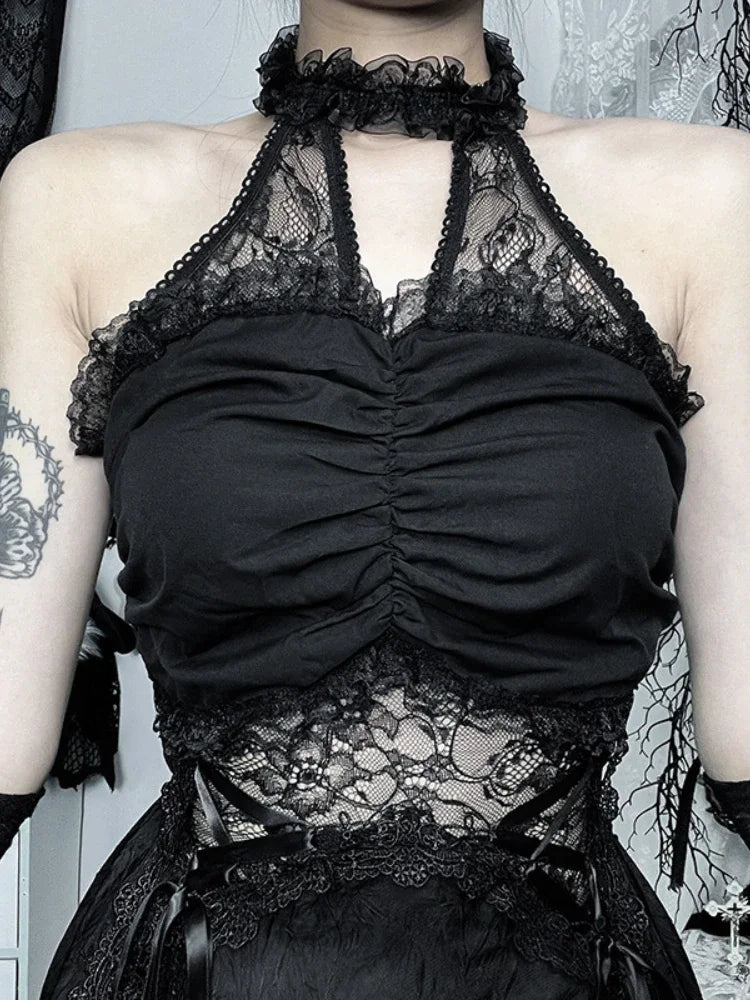 Lace Patchwork Halter Mini Dress